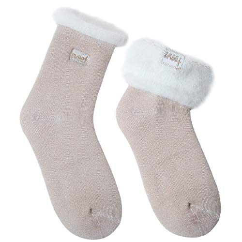 JARSEEN 2 Paar Damen Thermosocken Kuschelsocken Winter Warme Dicke Süß Haussocken Mit Vollplüsch und Wolle (2 Khaki,...